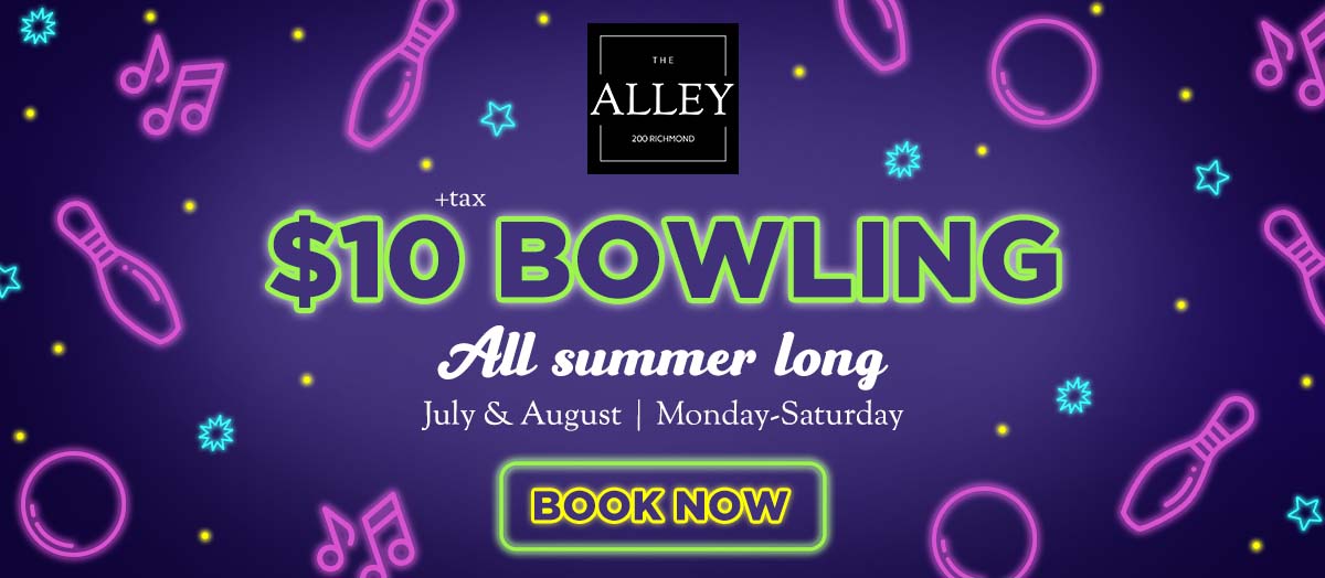 The Alley $10 Bowling All Summer Long glow bowling banner book online